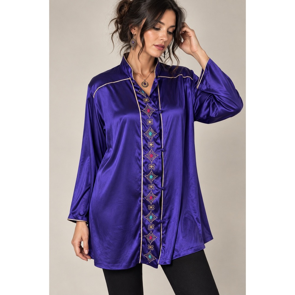 60s Boho Moroccan Purple Embroidered Tunic Vanity Fair Sleepwear Medium